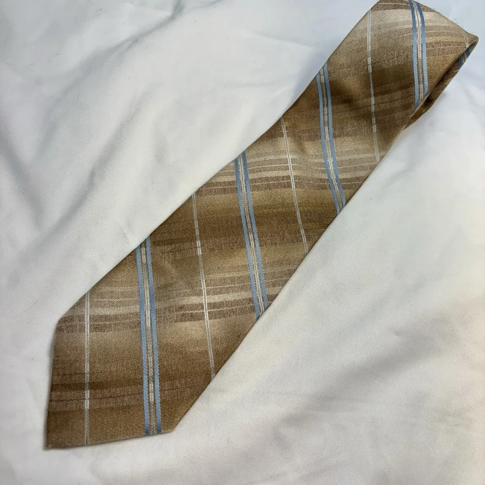 Vintage Cavalier Cravat Men's Tie 1970s‎ Brown Blue Striped Retro Poly USA MCM
